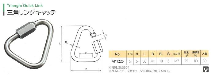 ステンレス三角リングキャッチ　サイズ表