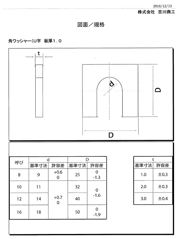 ステンレスＵ字角ワッシャー寸法図