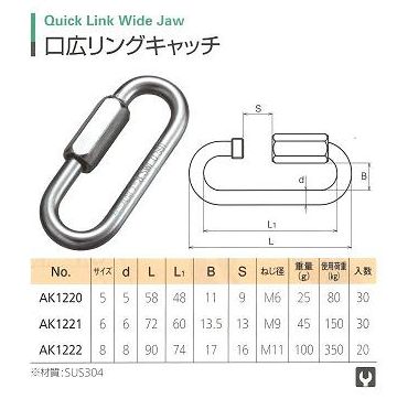 ステンレス口広リングキャッチ　サイズ表