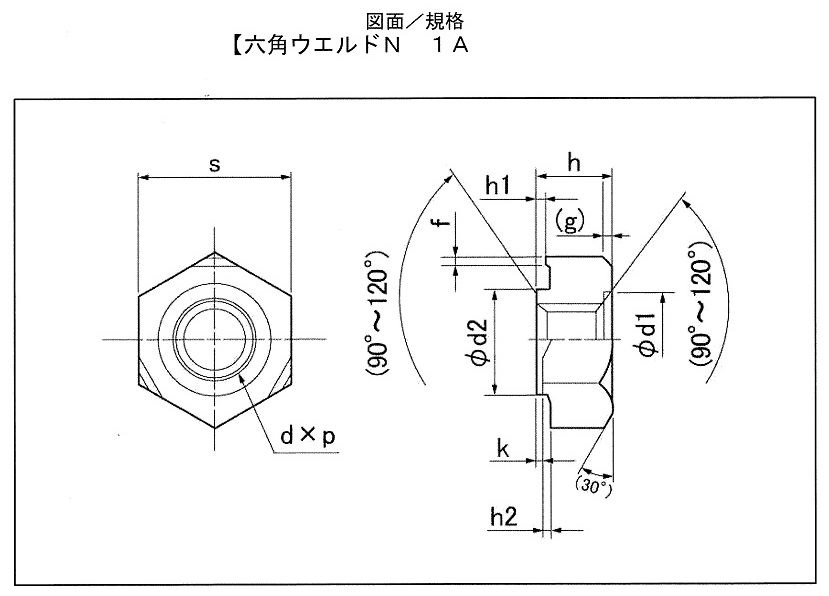 6角溶接ナットステンレス　１Ａ形　Ｐ付　寸法図