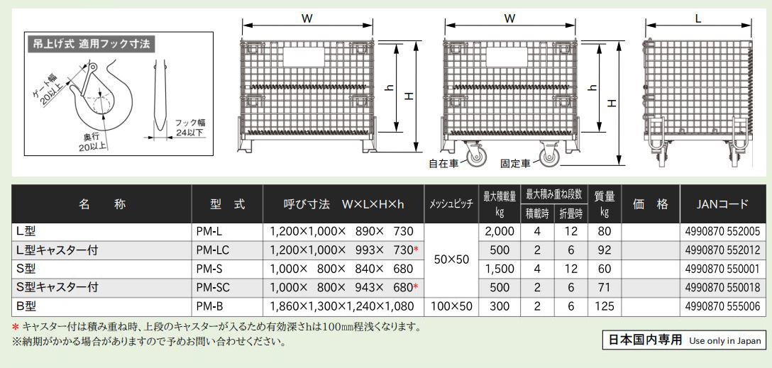 かご型パレット寸法表