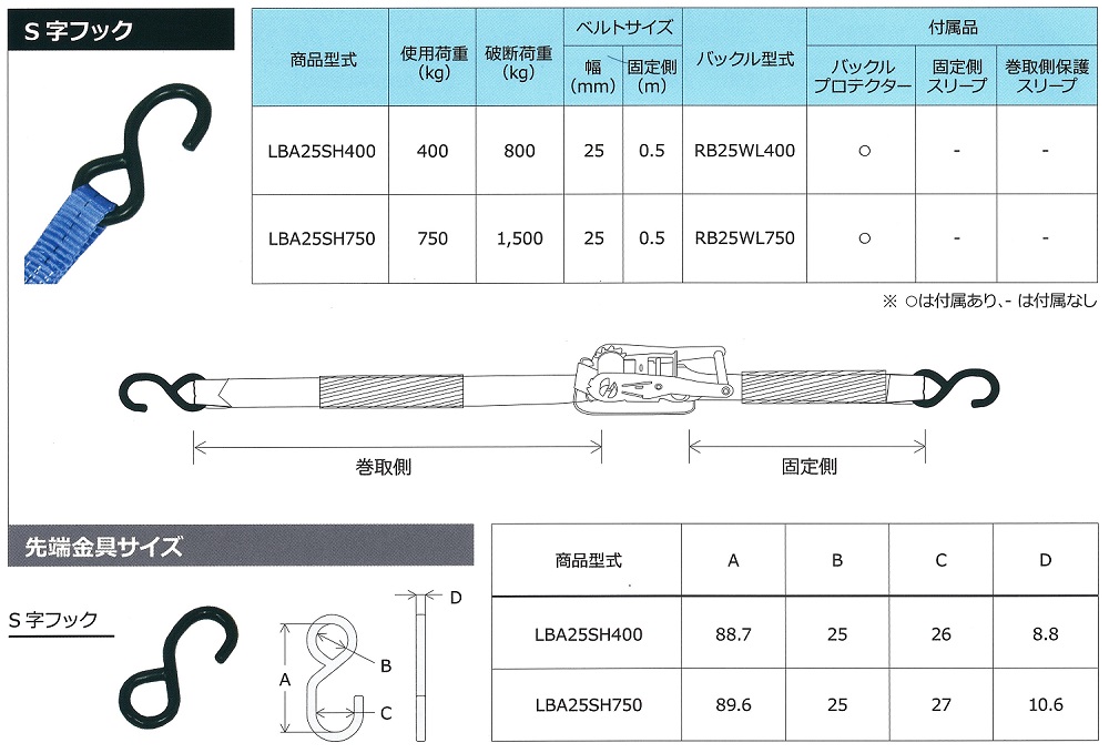 S字フック　寸法表