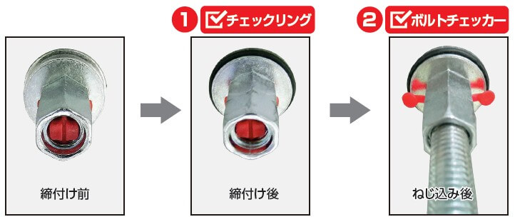 ボルトチェッカー、チェックリングの締付前と締付後